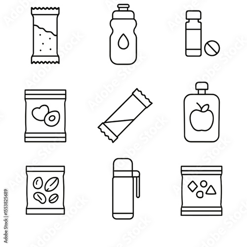 Trail Running Nutrition Icons. Outline style icons of Trail Running Nutrition: energy bar, hydration bottle, electrolyte tablet,