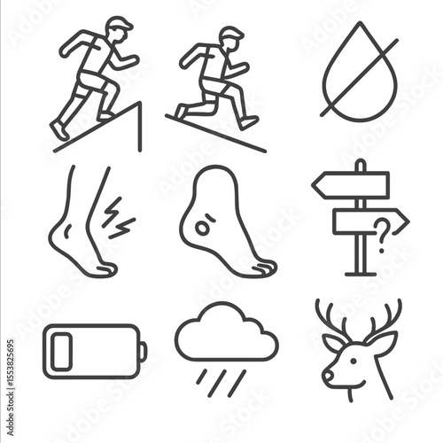 Trail Running Icons. Outline style icons of Trail Running Challenges: steep uphill, sharp descent, dehydration symbol, cramp icon,
