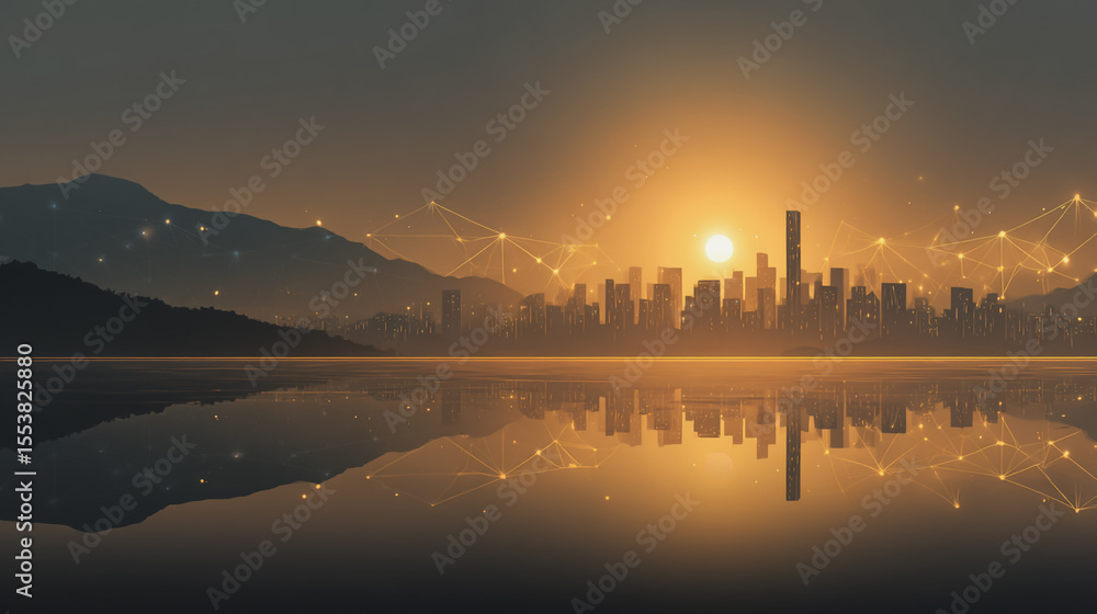 Fototapeta premium Smart city with connection network reciprocity over the cityscape social media networking systems that connects on the peak of success amid tall, innovative Smart city and graphs with statistics to a
