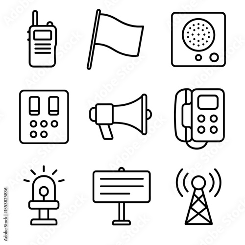 Trackside Communication Icons. Outline style icons of trackside facility communication: radio device, signal flag, intercom,