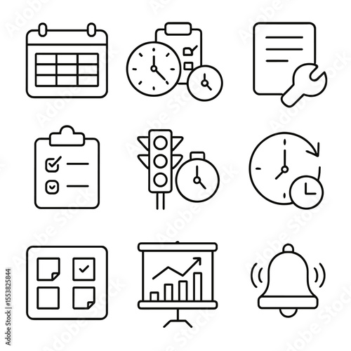 Trackside Icons Collection. Outline style icons of trackside facility scheduling: timetable board, shift clock, maintenance log,