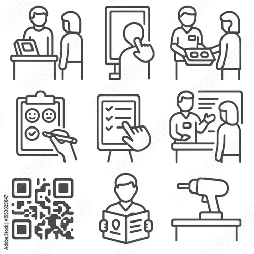Trade Show Icons. Outline style icons of trade show interaction: product demo, touch screen, sample tray, feedback form, survey