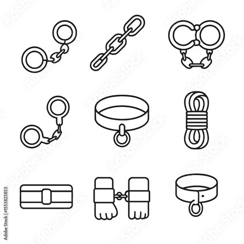 Torment Restraint Icons. Outline style icons of torment implements restraints: shackle, chain, handcuff, leg iron, collar, rope