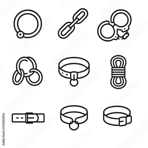 Torment Restraint Icons. Outline style icons of torment implements restraints: shackle, chain, handcuff, leg iron, collar, rope