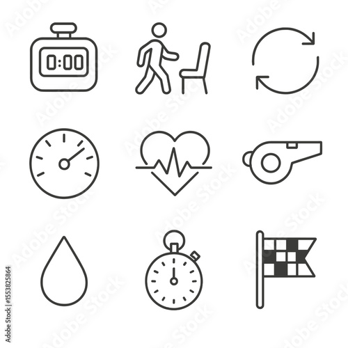 Heart Rate Icons. Line style icons of Heart Rate Interval Training: interval timer, work/rest icon, cycle arrows, intensity dial,