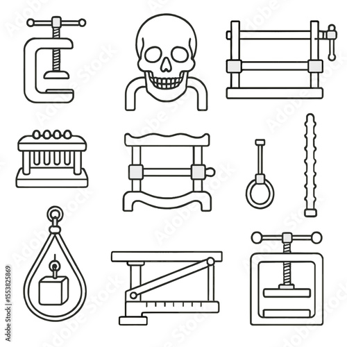 Torment Implements Icons. Outline style icons of torment implements pressure: vice grip, skull crusher, bone breaker, finger press