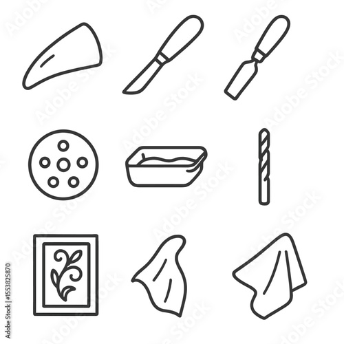 Horn and Bone Tools. Line style icons of Horn & Bone Carving: raw horn piece, bone knife, carving chisel, polishing wheel, sanding