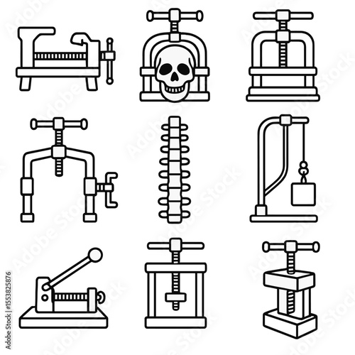 Torment Implements Icons. Outline style icons of torment implements pressure: vice grip, skull crusher, bone breaker, finger press