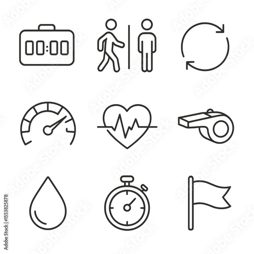 Heart Rate Icons. Line style icons of Heart Rate Interval Training: interval timer, work/rest icon, cycle arrows, intensity dial,