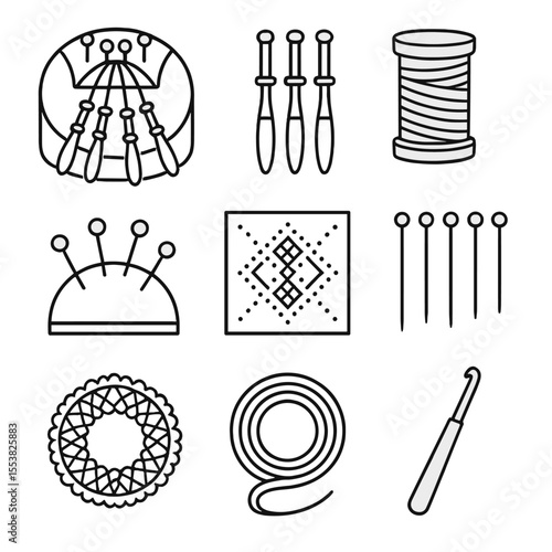 Bobbin Lace Icon Set. Line style icons of Bobbin Lace Making: lace pillow, wooden bobbins, fine thread spool, pin cushion,