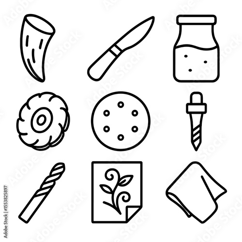 Horn and Bone Tools. Line style icons of Horn & Bone Carving: raw horn piece, bone knife, carving chisel, polishing wheel, sanding