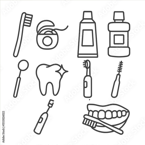 Dental Hygiene Icons. Outline style icons of Dental Hygiene: toothbrush, dental floss, toothpaste tube, mouthwash bottle, dental