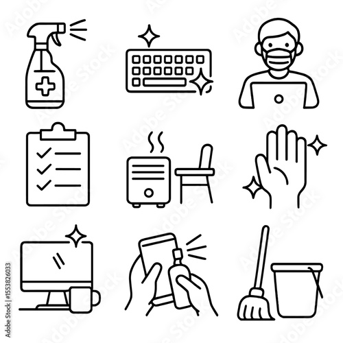 Workplace Hygiene Icons. Outline style icons of Workplace Hygiene: desk sanitizer spray, clean keyboard icon, mask at work,