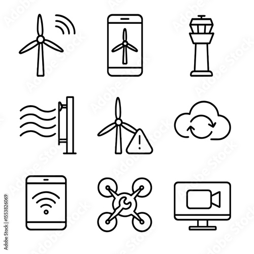 Remote-Control Turbine Icons. Outline style icons of Remote-Controlled Turbines: turbine with wifi signal, app-controlled turbine,