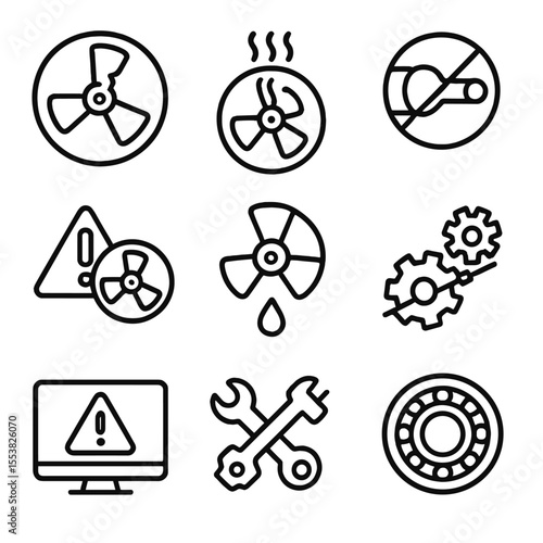 Turbine Failure Icons. Outline style icons of Turbine Failures and Repairs: cracked blade icon, overheating symbol, blocked nozzle