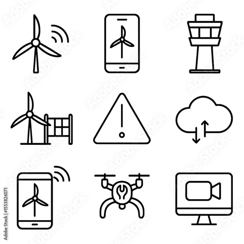 Remote-Control Turbine Icons. Outline style icons of Remote-Controlled Turbines: turbine with wifi signal, app-controlled turbine,