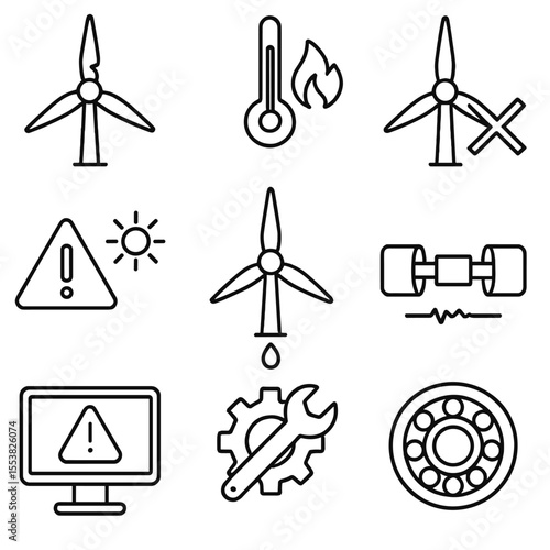 Turbine Failure Icons. Outline style icons of Turbine Failures and Repairs: cracked blade icon, overheating symbol, blocked nozzle