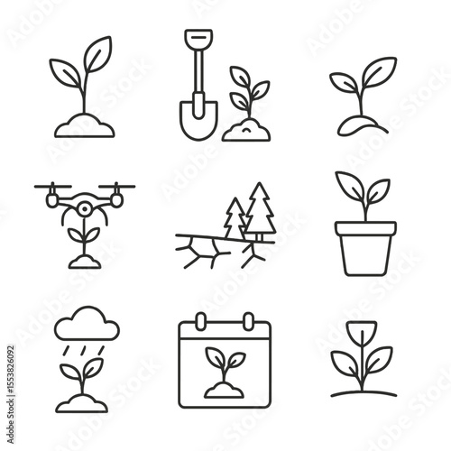 Reforestation Icons Collection. Outline style icons of Reforestation and Afforestation: young sapling, shovel with tree, seedling