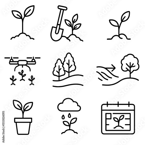 Reforestation Icons Collection. Outline style icons of Reforestation and Afforestation: young sapling, shovel with tree, seedling