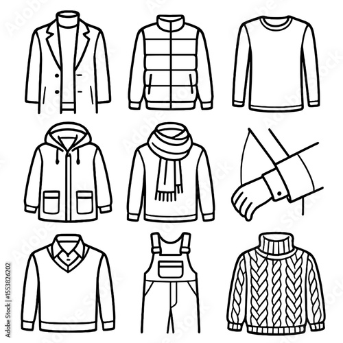 Layered Winter Outfits Icons. Outline style icons of Layered Winter Outfits: turtleneck under coat, vest over sweater, thermal
