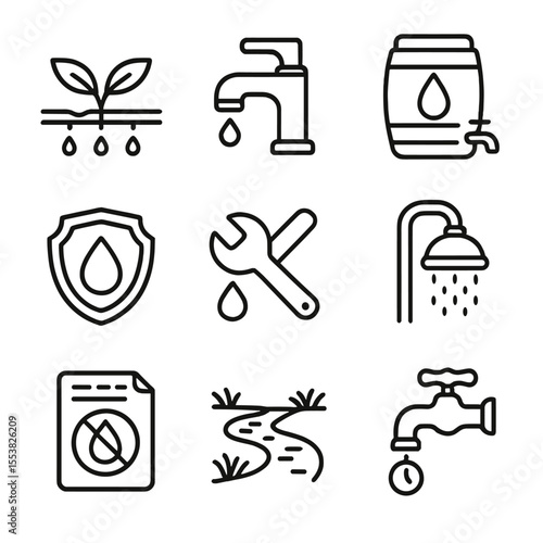 Water Conservation Icons. Outline style icons of Water Conservation: drip irrigation, low-flow faucet, rain barrel, save water