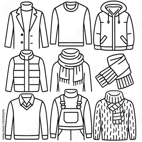 Layered Winter Outfits Icons. Outline style icons of Layered Winter Outfits: turtleneck under coat, vest over sweater, thermal