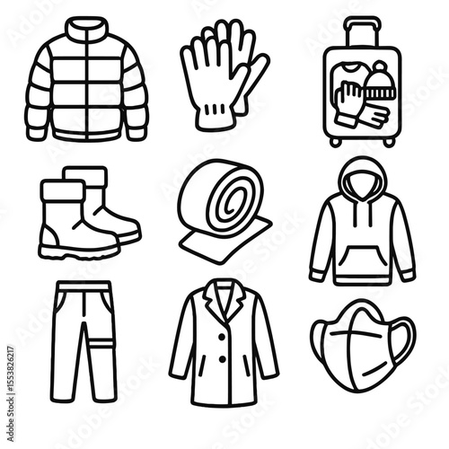 Winter Travel Icons. Outline style icons of Winter Travel Wardrobe: travel puffer jacket, packable gloves, suitcase with winter