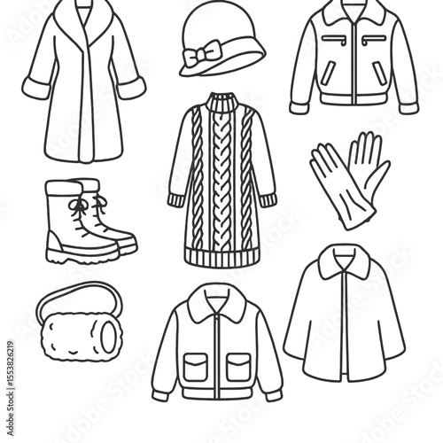 Vintage Winter Fashion Icons. Outline style icons of Vintage Winter Fashion: 1950s fur coat, 1920s cloche winter hat, 1970s