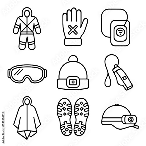 Winter Safety Gear Icons. Outline style icons of Winter Safety Gear: reflective snow suit, high-visibility gloves, avalanche