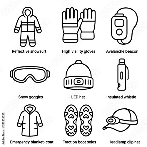 Winter Safety Gear Icons. Outline style icons of Winter Safety Gear: reflective snow suit, high-visibility gloves, avalanche
