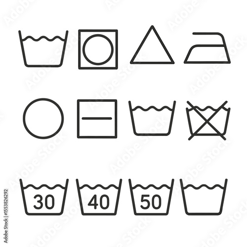 Laundry Symbols Collection. Outline style icons of Laundry Symbols: machine wash icon, tumble dry symbol, do not bleach sign, iron