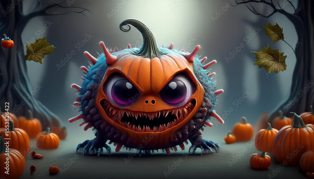 Naklejka premium Grinning hybrid of Halloween pumpkin and virus creature enacts eerie presence. creepy ambiance in dark forest, fallen leaves, scattered pumpkins. omitting prepositions for brevity.