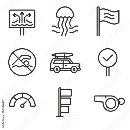 Beach Safety Icons. Outline style icons of Beach Safety Icons: rip current warning, jellyfish alert, tide warning flag, no