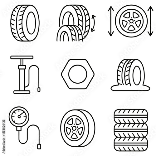 Tire Maintenance Icons. Outline style icons of Tire and Wheel Maintenance: tire with tread, tire rotation icon, wheel alignment