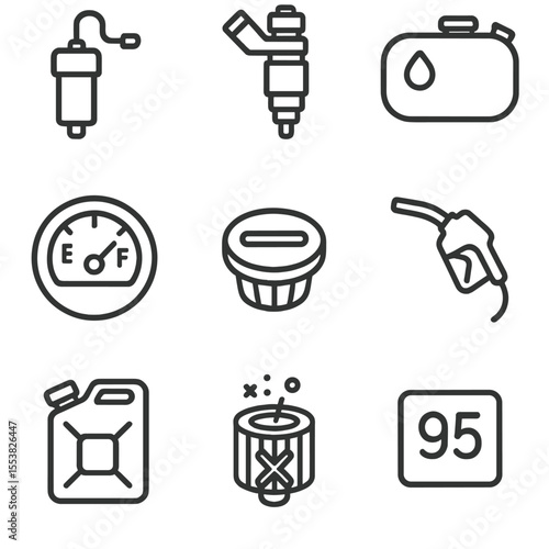 Fuel System Icons. Outline style icons of Fuel System Maintenance: fuel pump, fuel injector, gas tank icon, fuel gauge, fuel cap,