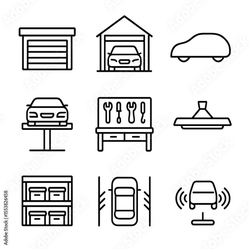 Garage Icons Collection. Outline style icons of Garage and Storage: garage door, parked car icon, car cover, vehicle lift, home