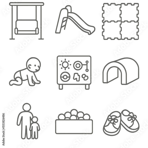 Toddler Playground Icons. Outline style icons of Toddler Playground Zone: baby swing, low slide, cushioned area, crawling toddler,