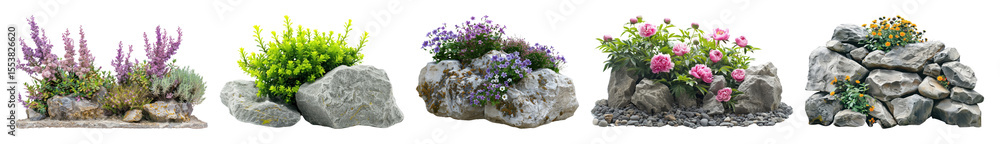 Fototapeta premium PNG Colorful floral rock garden elements, element set on transparent background
