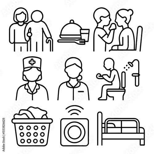 Assisted Living Icons. Outline style icons of Assisted Living Services: caregiver with elderly, meal tray, personal hygiene help,