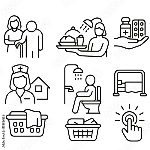 Assisted Living Icons. Outline style icons of Assisted Living Services: caregiver with elderly, meal tray, personal hygiene help,