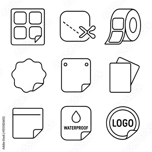 Label Printing Icons. Outline style icons of Label and Sticker Printing: sticker sheet icon, kiss cut symbol, adhesive roll icon,
