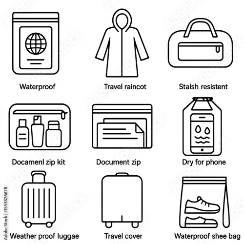 Outline Travel Gear Icons. Outline style icons of Travel Waterproof Gear: waterproof passport pouch, travel raincoat,
