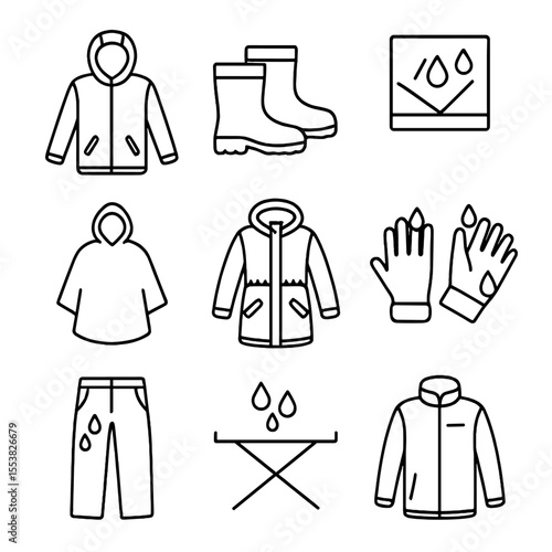 Waterproof Gear Icons. Outline style icons of Waterproof Clothing Gear: rain jacket, waterproof boots, sealed seams icon, poncho