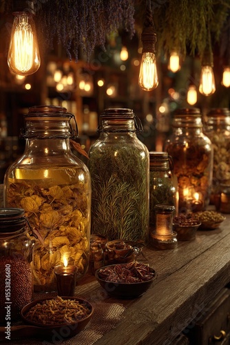 Herbs in Jars with Wooden Counter.