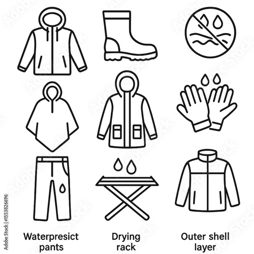 Waterproof Gear Icons. Outline style icons of Waterproof Clothing Gear: rain jacket, waterproof boots, sealed seams icon, poncho