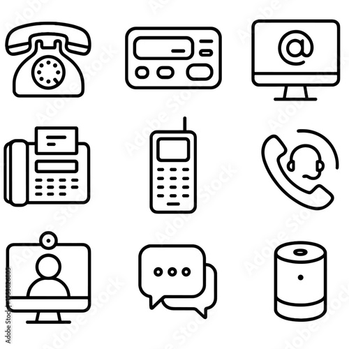 Tech Evolution Icons. Outline style icons of Communication Technology Evolution: rotary phone, pager icon, early email, fax