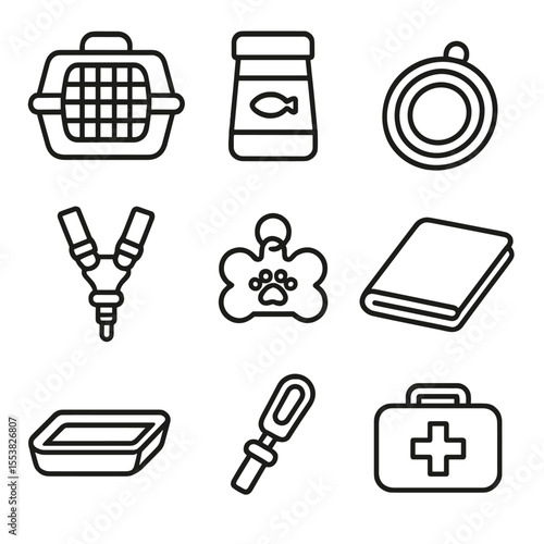 Pet Travel Icons. Outline style icons of Pet Travel Essentials: pet carrier, travel food container, collapsible water bowl,