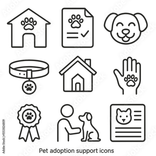 Pet Adoption Icons. Outline style icons of Pet Adoption Support: shelter building, adoption paper, happy pet face, collar with tag