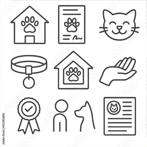 Pet Adoption Icons. Outline style icons of Pet Adoption Support: shelter building, adoption paper, happy pet face, collar with tag