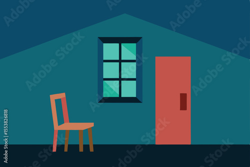 A classic interior room design featuring two wooden chairs and a table, with a red chair positioned comfortably against the wall
